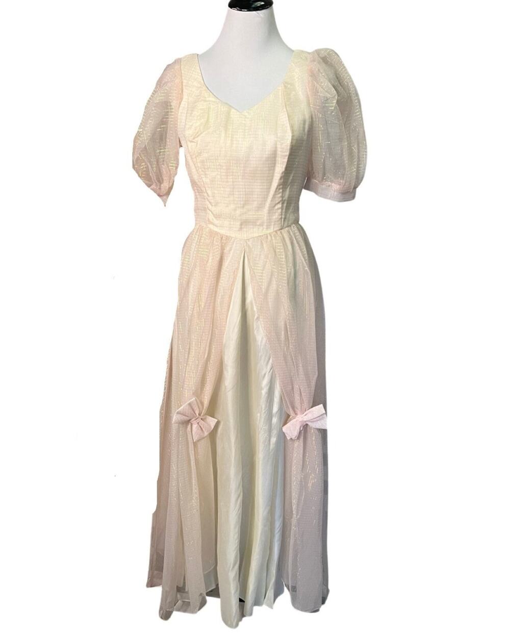 Vintage 1980s Cream Princess Dress with Sheer Iridescent Overlay Medium